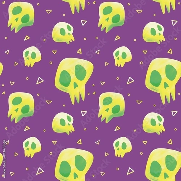 Fototapeta spooky and cute green skull seamless pattern with purple background