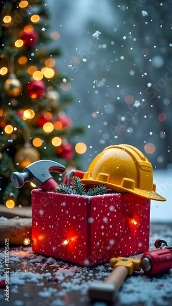 Obraz Red box with tools such as hammer, wrenches, yellow helmet, Christmas atmosphere, copyspace