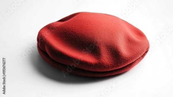 Fototapeta A close-up of a red French beret lying flat on a clean white background, showcasing texture and simplicity