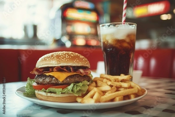 Obraz ジューシーなチーズバーガーとポテト、コーラが並ぶクラシックなアメリカンダイナーの風景 | Juicy cheeseburger with fries and cola in a classic American diner