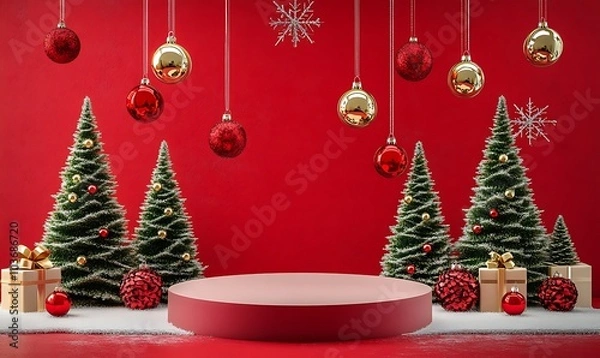 Fototapeta A red background with green paper-cut white pedestals for product display, surrounded by hanging decorations such as stars, balls, and gifts