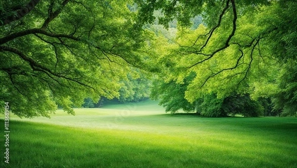 Fototapeta A picturesque summer landscape with lush green trees, a winding path, and a vibrant blue sky