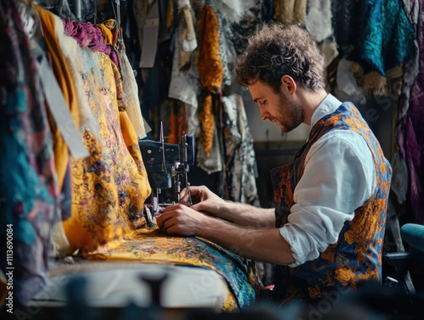 Fototapeta costume designer focused on sewing intricate fabrics in vibrant workshop. colorful textiles and detailed work reflect creativity and craftsmanship