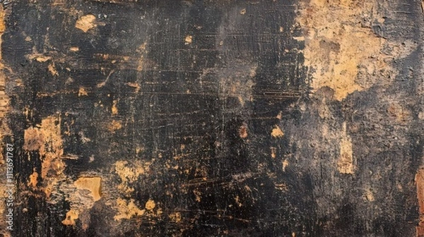 Fototapeta Dark brown grunge wood texture with stains, scratches, and peeling paint.