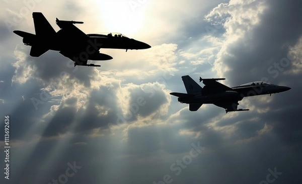 Obraz A photograph depicts two fighter jets in the sky, with one silhouette flying high and another flying low below, against a cloudy background. The sun is shining through the clouds above them