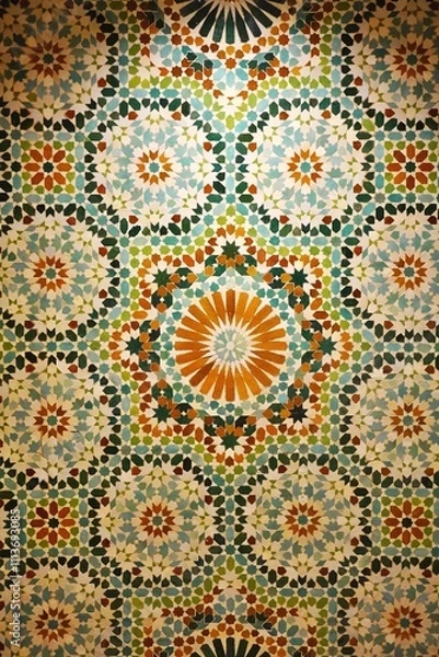 Fototapeta Detail of a vintage decorative mosaic wall abstract vertical background pattern