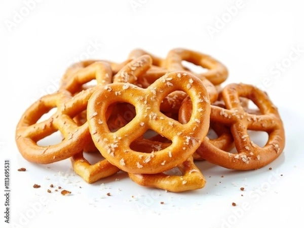 Fototapeta Golden salted pretzel rings on white background, showcasing detailed textures and baked perfection, ideal for snack themes