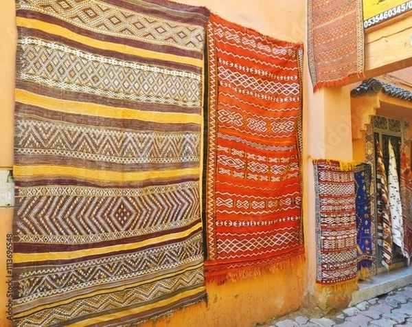 Fototapeta Colorful antique rugs with intricate patterns hanging on a wall in an outdoor market in Morocco
