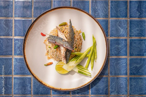 Fototapeta Top view, Fried rice with mackerel and include chili, lime and cucumber in plate on blue tiled surface
