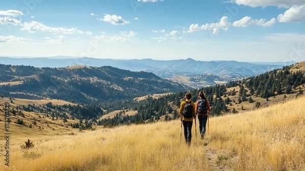 Obraz Two people hike along a trail through a grassy valley.
