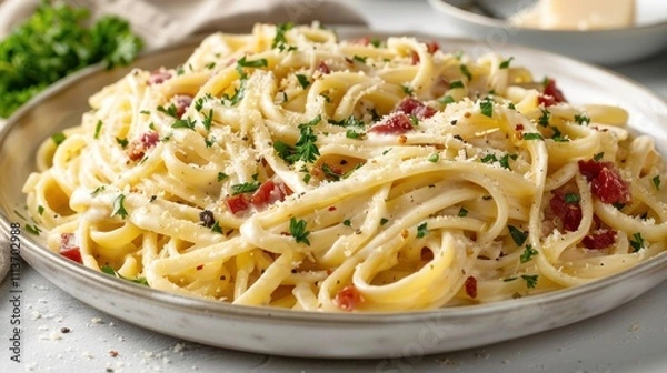 Fototapeta A plate of creamy pasta with bacon, garnished with parsley and cheese.