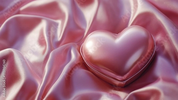 Fototapeta Close-up of a heart-shaped candy box on a pink satin background with room for Valentine text