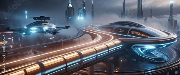 Fototapeta An AIdriven transportation hub with futuristic trains drones and vehicles interacting seamlessly