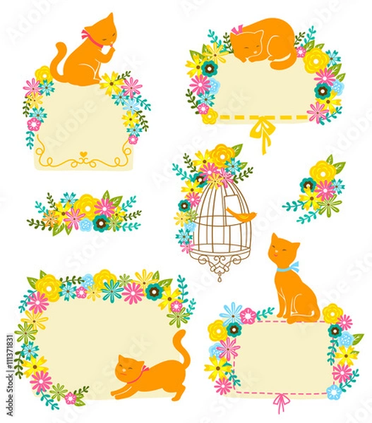 Obraz frames and decorations with flowers and cats