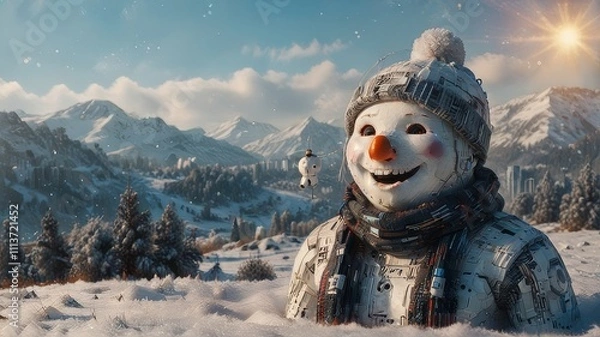 Fototapeta Winter holiday banner - Close-up of a laughing snowman in a wool hat and scarf, on a snowy landscape with bokeh lights and sunlight