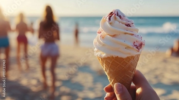 Fototapeta A hand holds a delicious soft-serve ice cream cone against a vibrant beach backdrop at sunset.