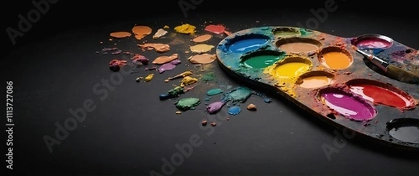 Obraz Vibrant paint palette with brushes on a black background, ideal for creative projects