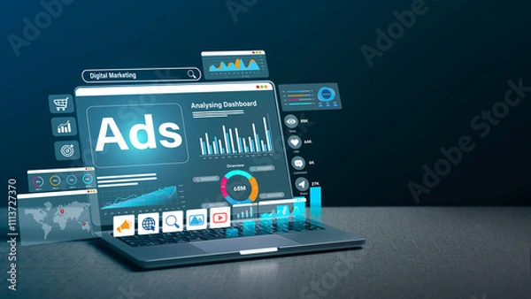 Obraz Digital marketing Dashboard on laptop computer to commerce online sale concept, strategy analysis online advertisement, Ad on website and social media. Ads and seo concept