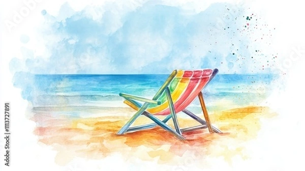 Fototapeta A vibrant, rainbow-colored beach chair sits alone on a sandy shore, inviting relaxation by the calm sea.