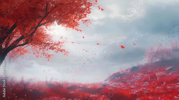 Obraz Picturesque panoramic view of the mysterious beech forest in a thick morning fog, Red and orange leaves, Lorraine, France, Atmospheric autumn landscape, environmental conservation, nature