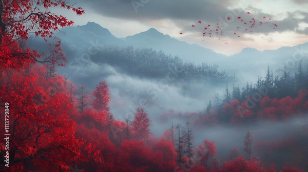 Obraz Picturesque panoramic view of the mysterious beech forest in a thick morning fog, Red and orange leaves, Lorraine, France, Atmospheric autumn landscape, environmental conservation, nature