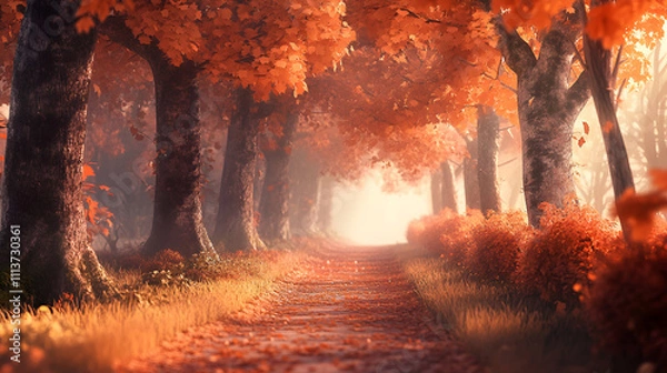 Obraz Autumn landscape with a path in the autumn park, 3d rendering, Beautiful autumn landscape with yellow and red trees in the park, autumn tree forest wallpaper