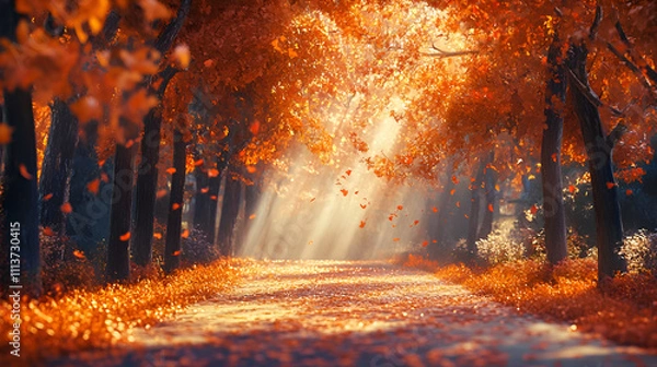 Obraz Autumn landscape with a path in the autumn park, 3d rendering, Beautiful autumn landscape with yellow and red trees in the park, autumn tree forest wallpaper