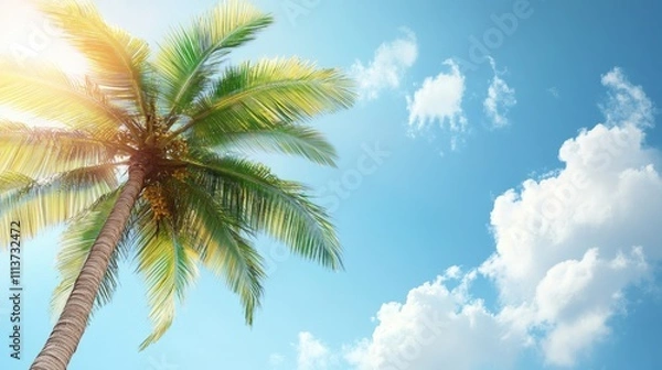 Obraz A vibrant palm tree silhouetted against a bright blue sky with fluffy clouds, evoking a tropical paradise feel.