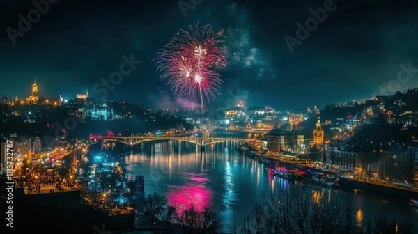 Obraz Riverside Cityscape with Glowing Fireworks