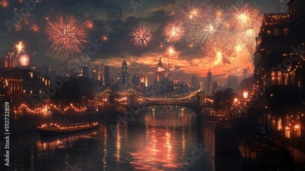 Obraz Glowing Cityscape with Fireworks Over Riverside