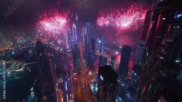 Obraz Aerial View of a Modern City with Colorful Fireworks