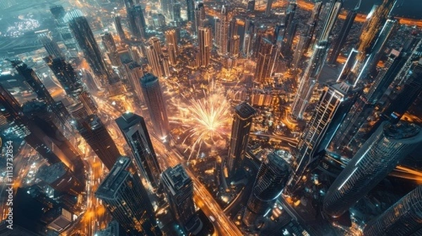 Obraz Aerial View of Modern City Illuminated at Night