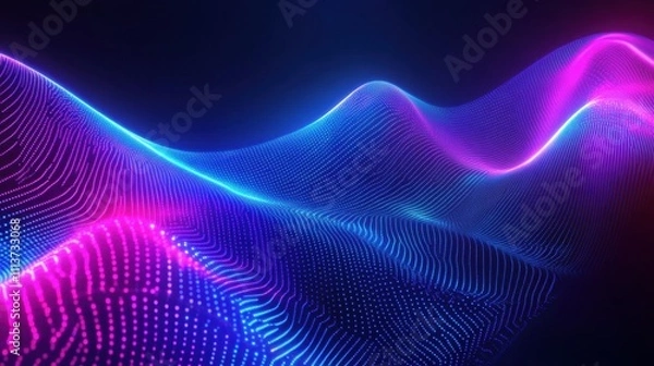 Fototapeta A vibrant abstract wave of glowing blue and pink lines creates a dynamic digital landscape.
