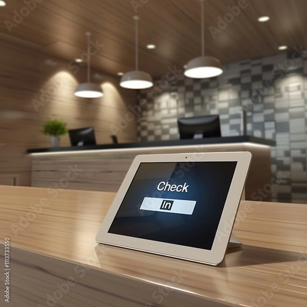 Fototapeta Business Reception Desk with Tablet Check-In and QR Code