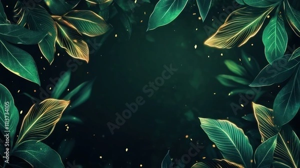 Fototapeta A dark abstract background with neon green and gold tropical leaves, glowing softly, set against a deep forest green backdrop with ample space for copy text.