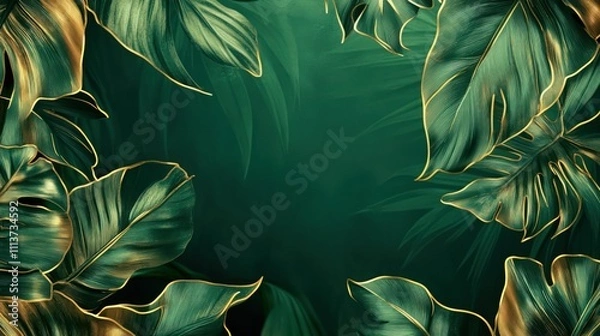 Fototapeta A luxurious green and gold abstract background with tropical foliage, leaves highlighted by neon outlines, creating a bold, elegant space with room for text.
