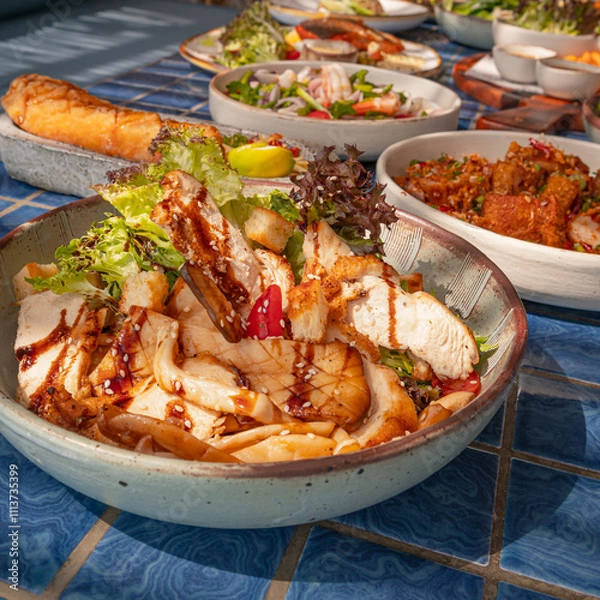 Fototapeta Grilled mushrooms and chicken breast salad on blue tiled surface