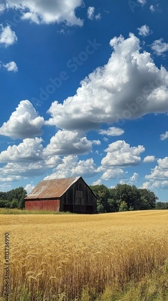 Fototapeta In the heart of Lancaster County, golden wheat sways gently in the breeze as a rustic red barn stands proudly against a backdrop of vibrant blue sky and soft white clouds.