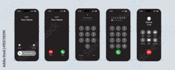 Fototapeta Incoming Call, Slide to Answer, and Unlock Screen. Smartphone Calling App Interface Vector Illustration.