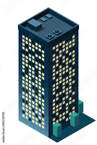 Fototapeta Isometric city building at night. Isometric modern building. Skyscraper building or business office. Vector illustration