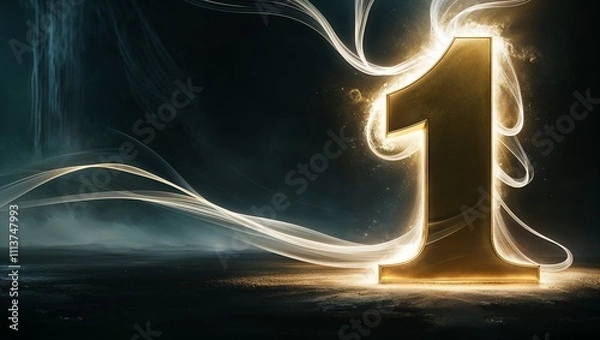 Fototapeta Shiny golden number one illuminated with glowing effects in a dark atmospheric background
