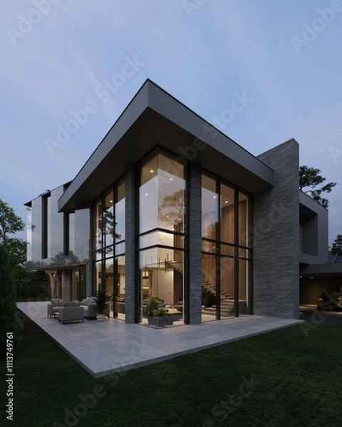 Fototapeta 3D visualization of a modern luxury house. House next to the forest. Panoramic windows in the house. Unique architecture. Evening illumination of the facade