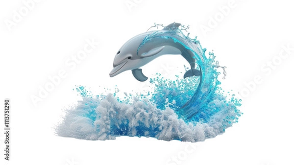 Fototapeta Playful Dolphin Jumping Out of Waves in Colorful 3D Cartoon Style
