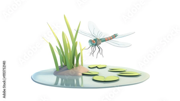 Fototapeta Vibrant 3D Cartoon Style Dragonfly Hovering Above a Pond