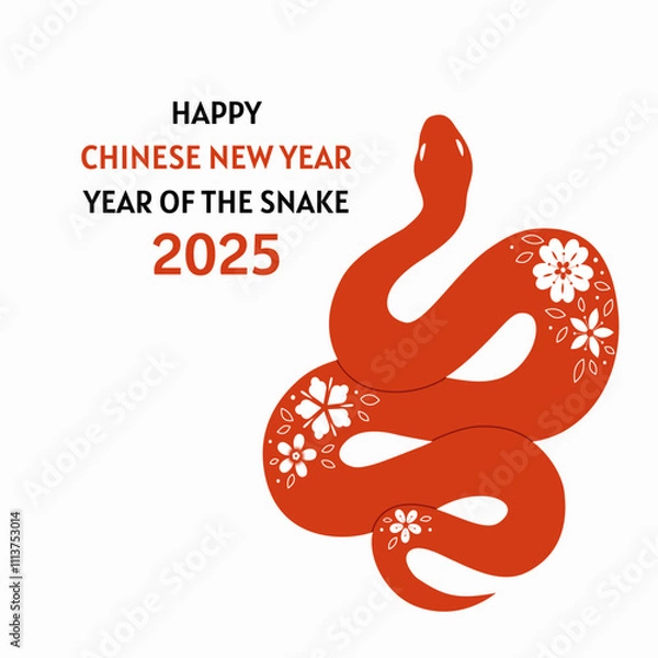 Fototapeta Chinese new year 2025 card with snake and flowers. Hand drawn vector illustration.