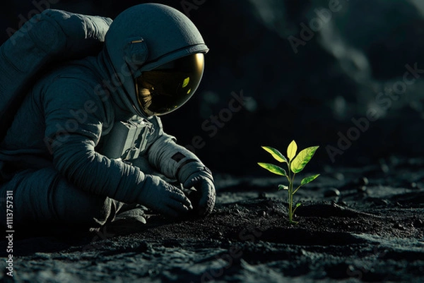 Fototapeta Astronaut exploring an alien planet, looking at green plant . Space colonization concept.