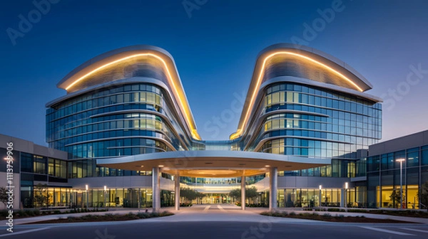 Fototapeta Innovative 10-Story Hospital Architecture Featuring Spiraling Twin Structures and Dynamic Aluminum Facade
