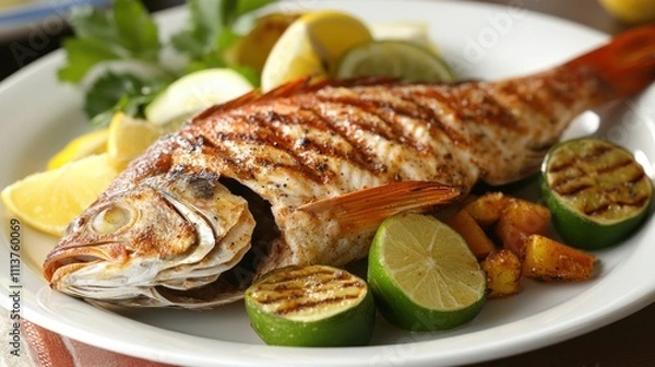 Fototapeta Grilled Red Snapper with Lemon and Lime