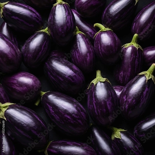 Fototapeta "A symmetrical pattern of purple eggplants with shiny skins on a black background."