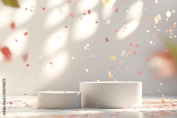 Obraz Luxury background for branding and product presentation. pink  color podium with confetti and bokeh, festive holdiay advert concept..